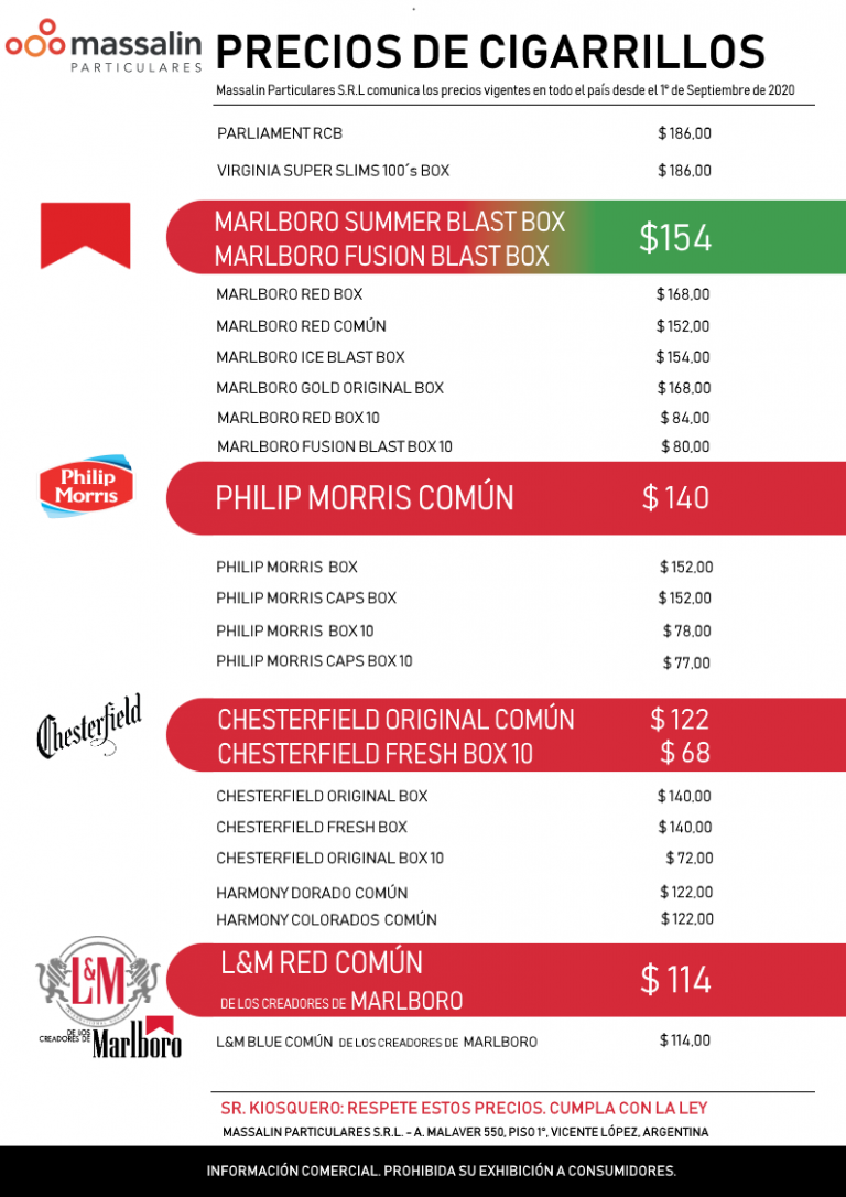 Precios Cigarrillos Venta al público 1 de Septiembre de 2020 EZD